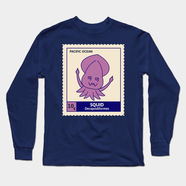 Kawaii Cute Silly Purple Squid, Ocean Stamp Collection, Stamp Collector Long Sleeve T-Shirt by vystudio